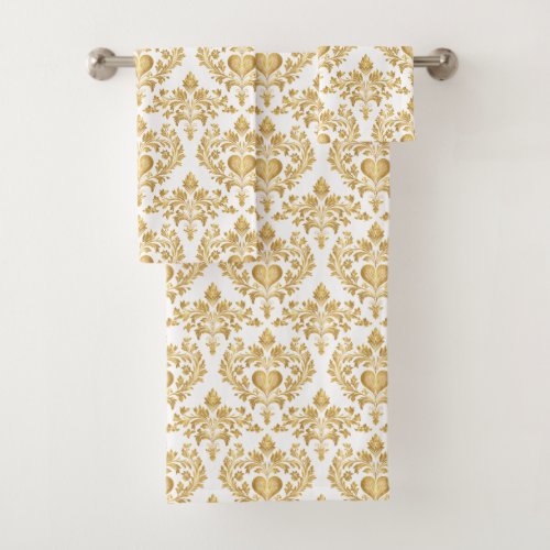 White  Gold Look Damask Heart Bathroom Towel Set