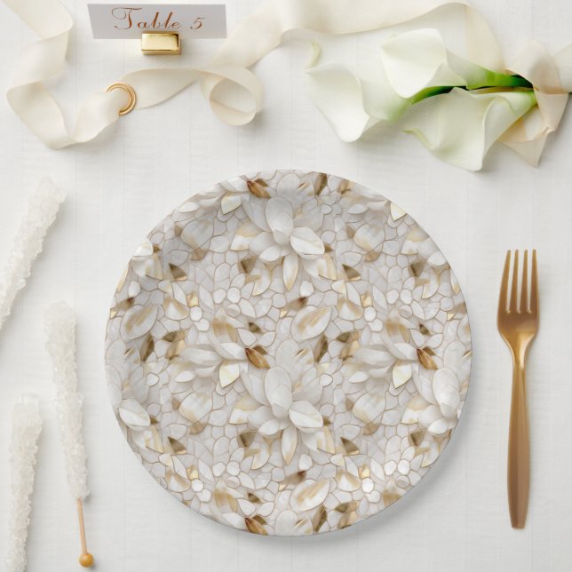 White Gold Lotus Flowers Paper Plates (Wedding)