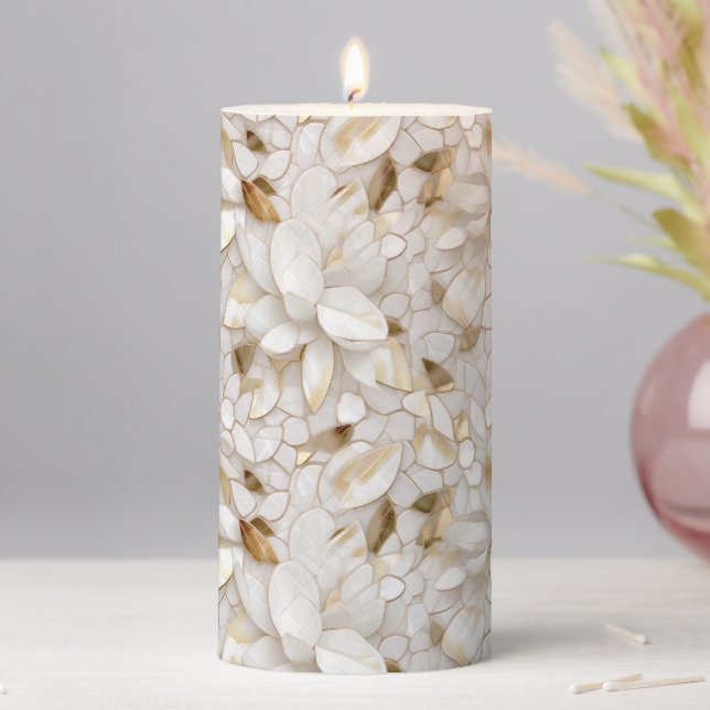 White Gold Lotus Flowers Pillar Candle (In Situ)