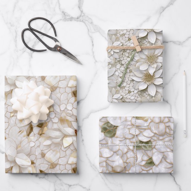 White Gold Lotus Flowers Wrapping Paper Sheets (Front)