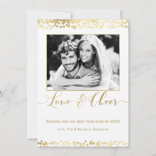White & Gold LOVE & CHEER Modern New Years Photo Holiday Card
