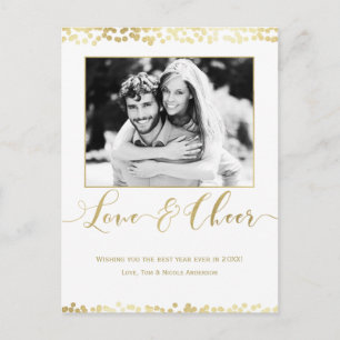 White & Gold LOVE & CHEER Modern New Years Photo Holiday Postcard