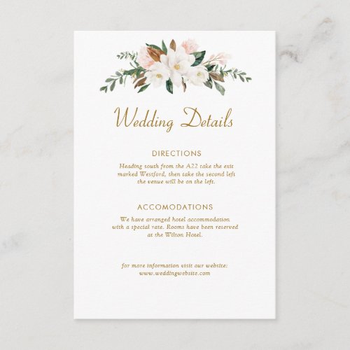 white  gold magnolia floral wedding details card