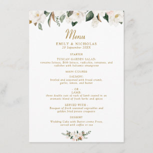 white & gold magnolia floral wedding menu