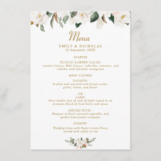 white & gold magnolia floral wedding menu