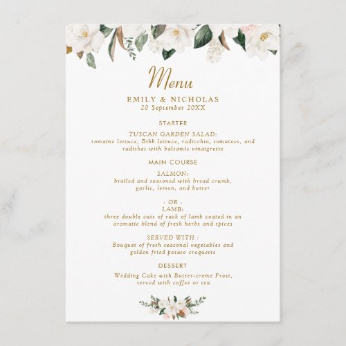 white  gold magnolia floral wedding menu