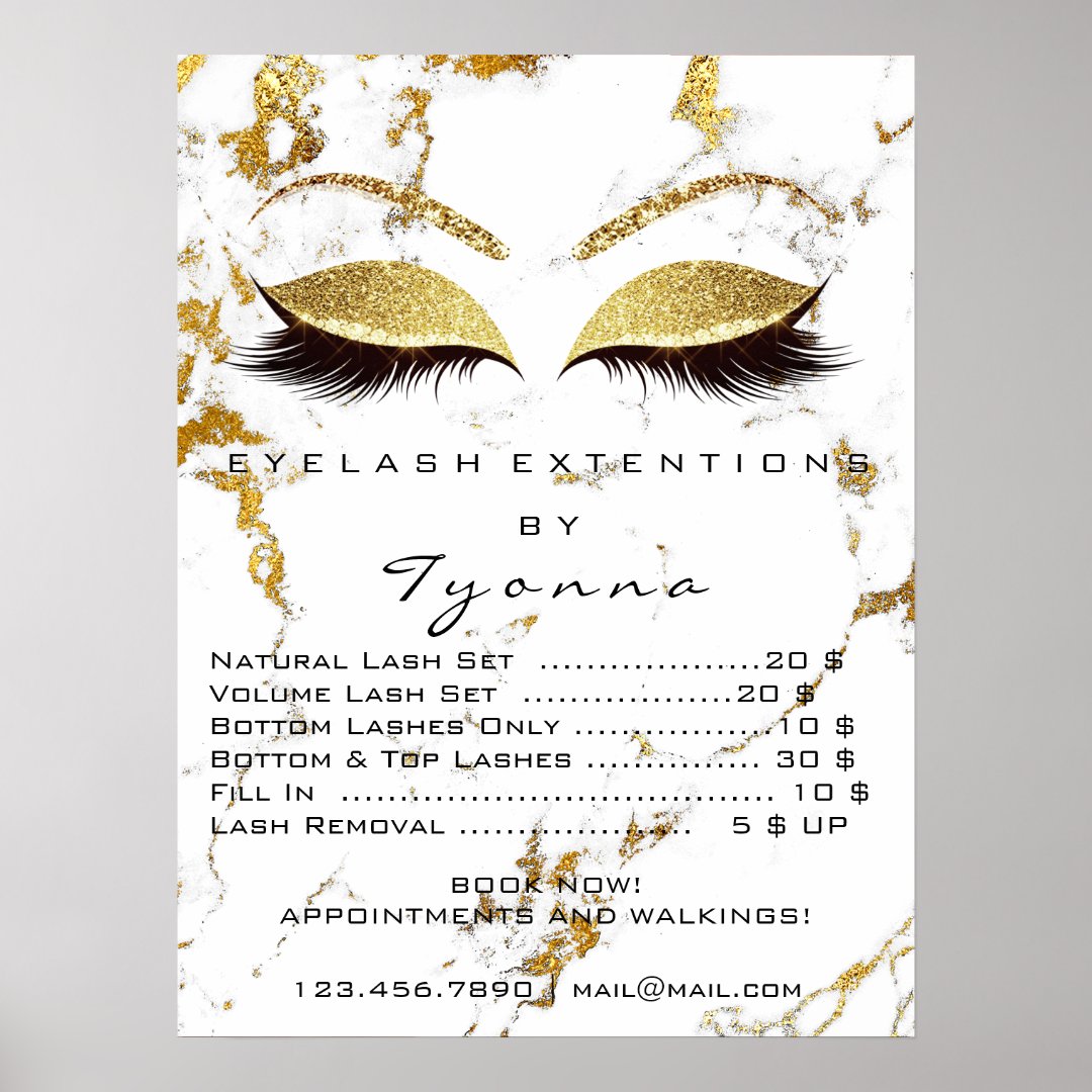 White Gold Makeup Eye Lashes Extension Price List Poster Zazzle