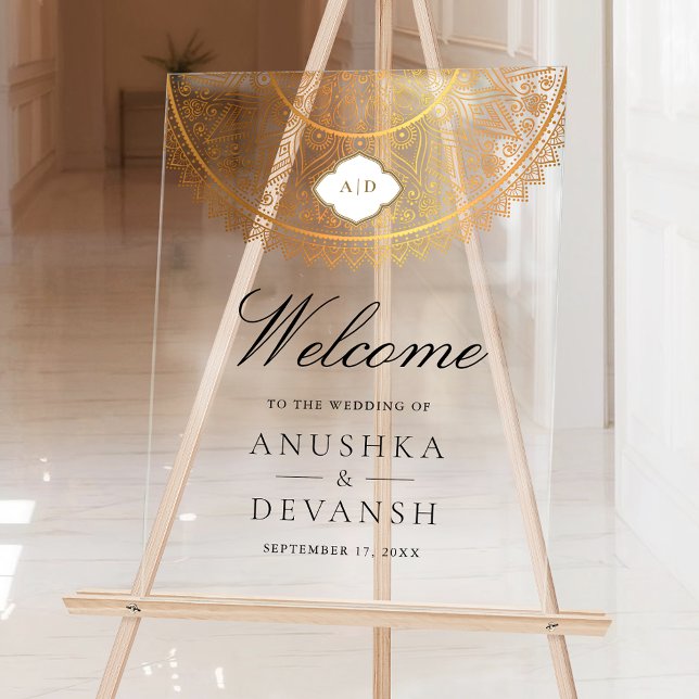 White Gold Mandala Indian Wedding Welcome Acrylic Sign (Creator Uploaded)