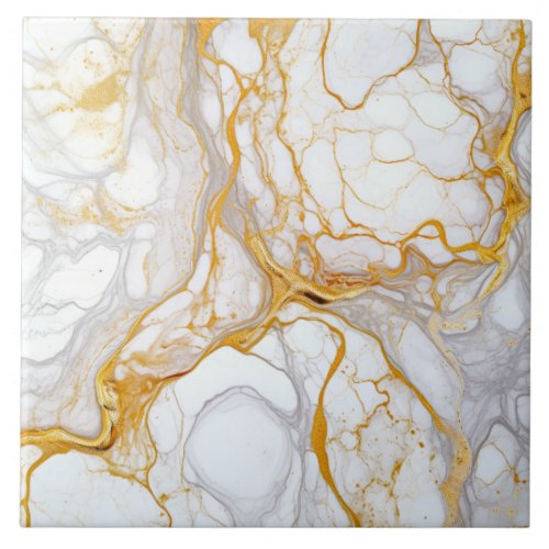 White Gold Marble And Alcohol Ink Abstract Ceramic Tile