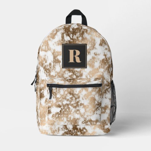 White  Gold Marble Black Monogram Printed Backpack