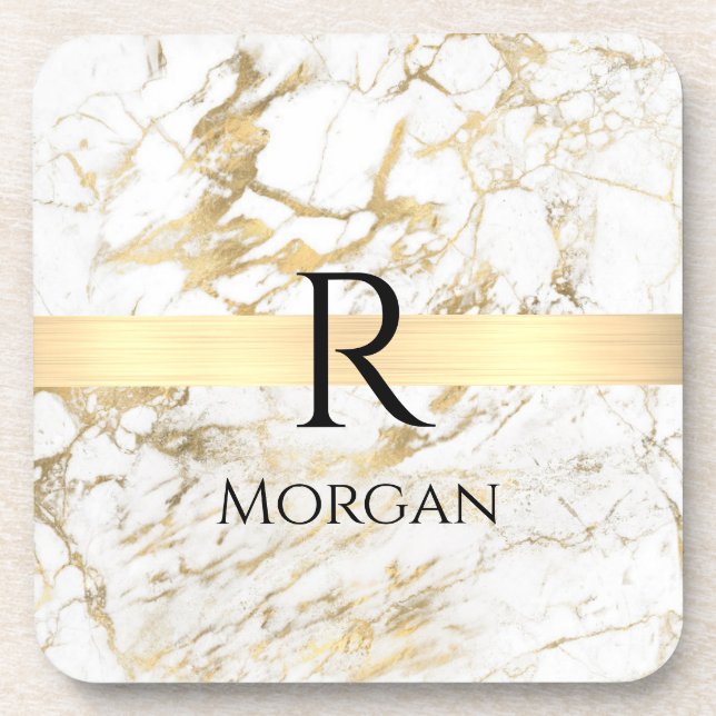 White & Gold Marble, Black Name & Monogram Beverage Coaster (Front)