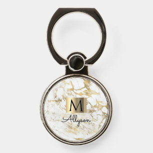 White & Gold Marble, Black Name & Monogram Phone Ring Stand