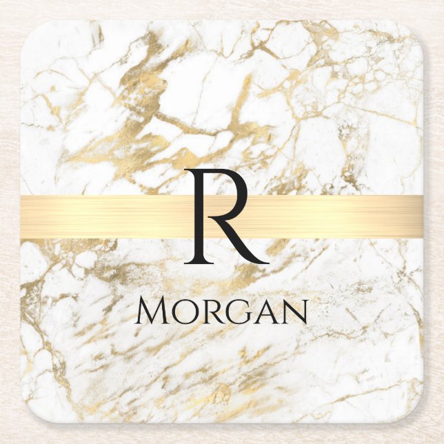 White & Gold Marble, Black Name & Monogram Square Paper Coaster (Front)