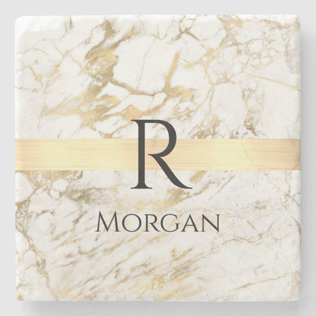 White & Gold Marble, Black Name & Monogram Stone Coaster (Front)