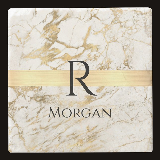 White & Gold Marble, Black Name & Monogram Stone Coaster (Creator Uploaded)