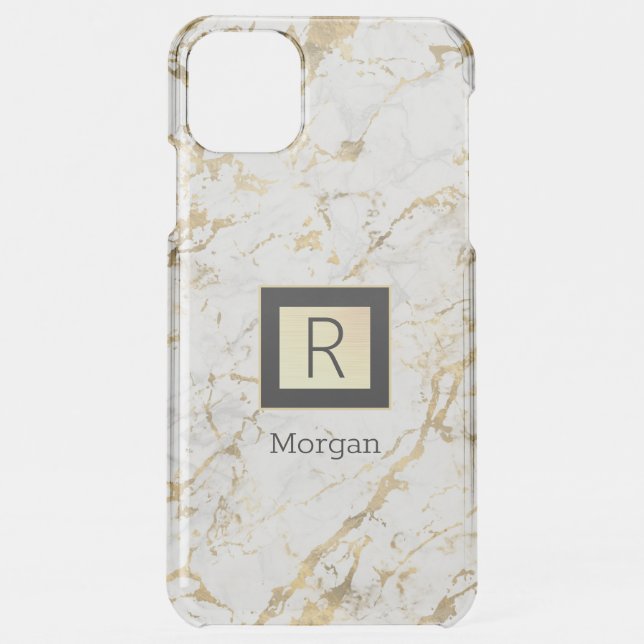 White & Gold Marble, Box, DIY Name & Monogram Uncommon iPhone Case (Back)