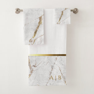 White & Gold Marble Cracks Monogram Bath Towel Set