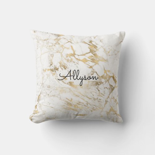 White  Gold Marble DIY Black Name or Monogram Throw Pillow