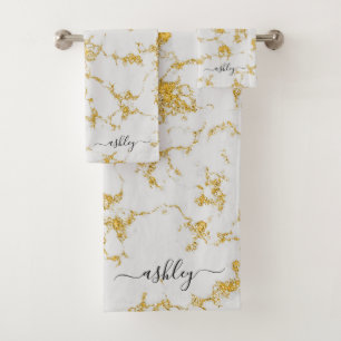 White Gold Marble Glitter Sparkle Script Name Bath Towel Set