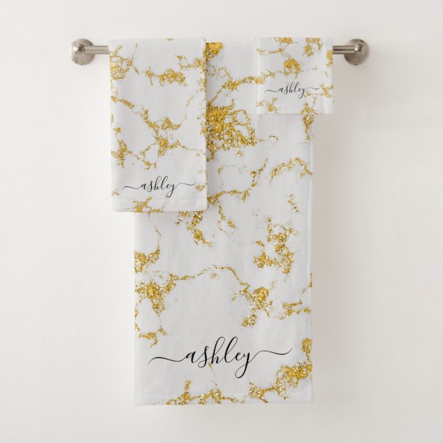 White Gold Marble Glitter Sparkle Script Name Bath Towel Set (Insitu)