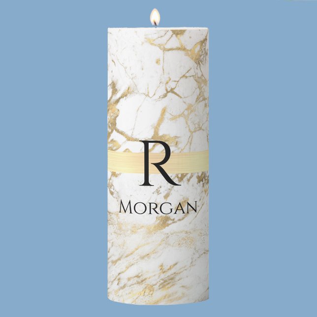 White & Gold Marble Gold Band, Black Name Monogram Pillar Candle (Creator Uploaded)
