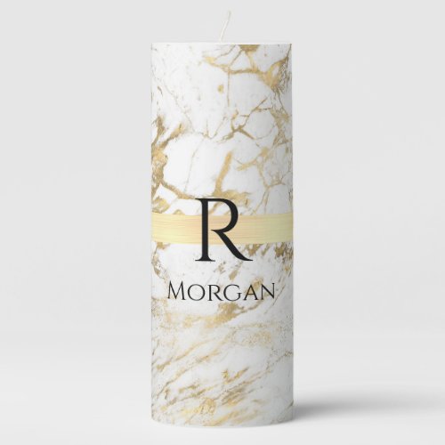 White  Gold Marble Gold Band Black Name Monogram Pillar Candle