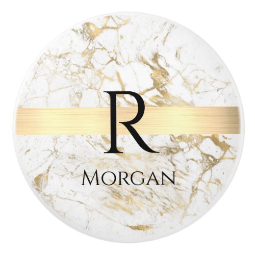 WhiteGold Marble Gold Bar Black Name  Monogram Ceramic Knob