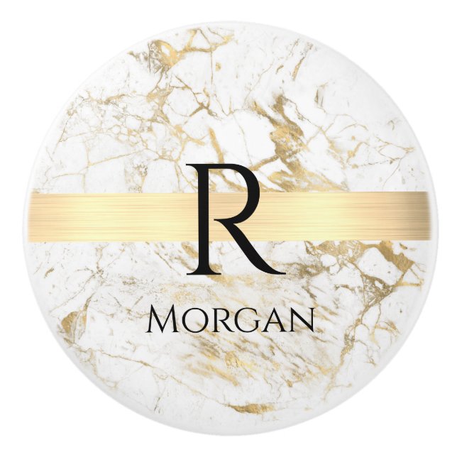 White/Gold Marble, Gold Bar, Black Name & Monogram Ceramic Knob (Front)