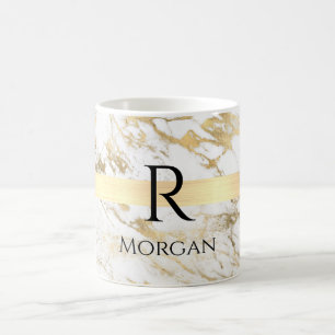 White & Gold Marble, Gold Bar, Black Name Monogram Coffee Mug