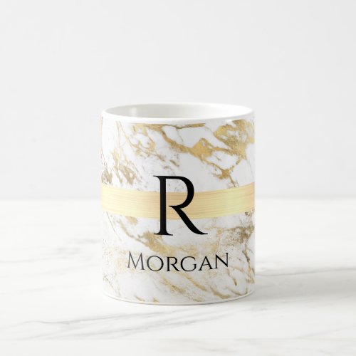 White  Gold Marble Gold Bar Black Name Monogram Coffee Mug