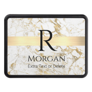 White/Gold Marble, Gold Bar, Black Name Monogram H Hitch Cover