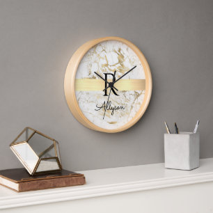 White & Gold Marble Gold Bar, Script Name Monogram Clock