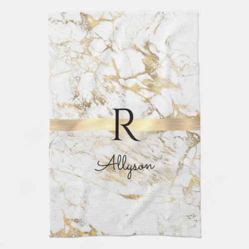 White  Gold Marble Gold Bar Script Name Monogram Kitchen Towel