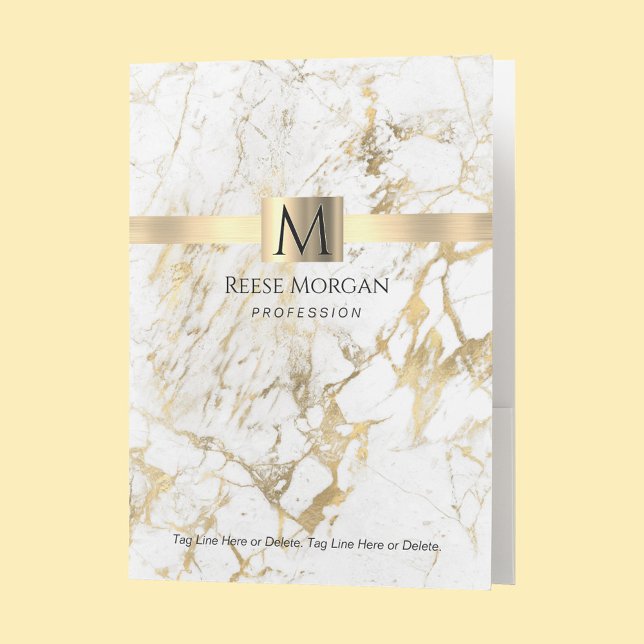White & Gold Marble, Gold Box/Band Name & Monogram Pocket Folder (Creator Uploaded)