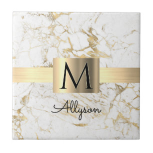 White & Gold Marble Gold Box, Black Name Monogram Ceramic Tile