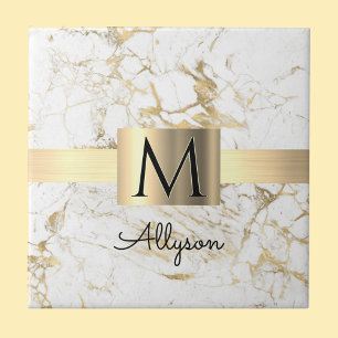 White & Gold Marble Gold Box, Black Name Monogram Ceramic Tile