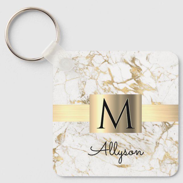 White & Gold Marble Gold Box, Black Name Monogram Keychain (Front)