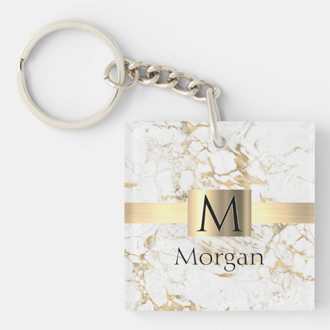 White & Gold Marble Gold Box, Black Name Monogram Keychain (Front)