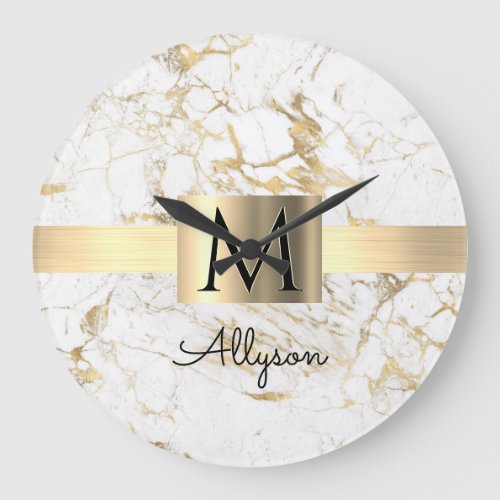 White  Gold Marble Gold Box Black Name Monogram Large Clock