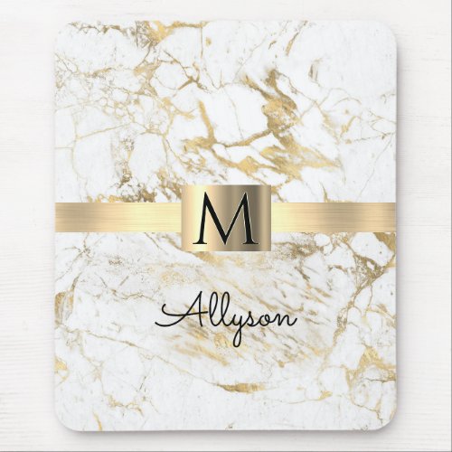 White  Gold Marble Gold Box Black Name Monogram Mouse Pad