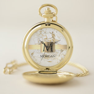 White & Gold Marble Gold Box, Black Name Monogram Pocket Watch