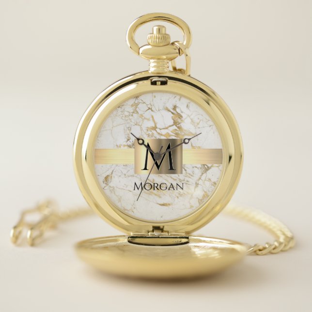 White & Gold Marble Gold Box, Black Name Monogram Pocket Watch (Inside)