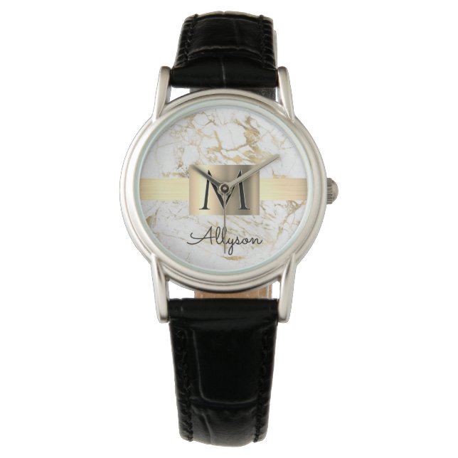 White & Gold Marble Gold Box, Black Name Monogram Watch (Front)