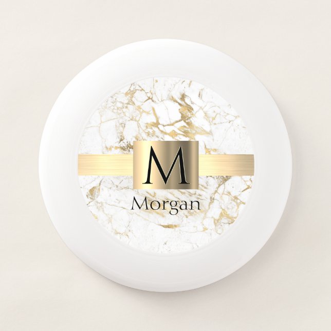 White & Gold Marble Gold Box, Black Name Monogram Wham-O Frisbee (Front)