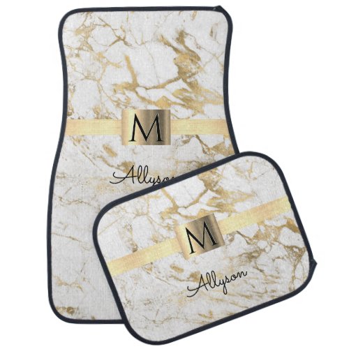 White  Gold Marble Gold Box Name  Monogram Car Floor Mat