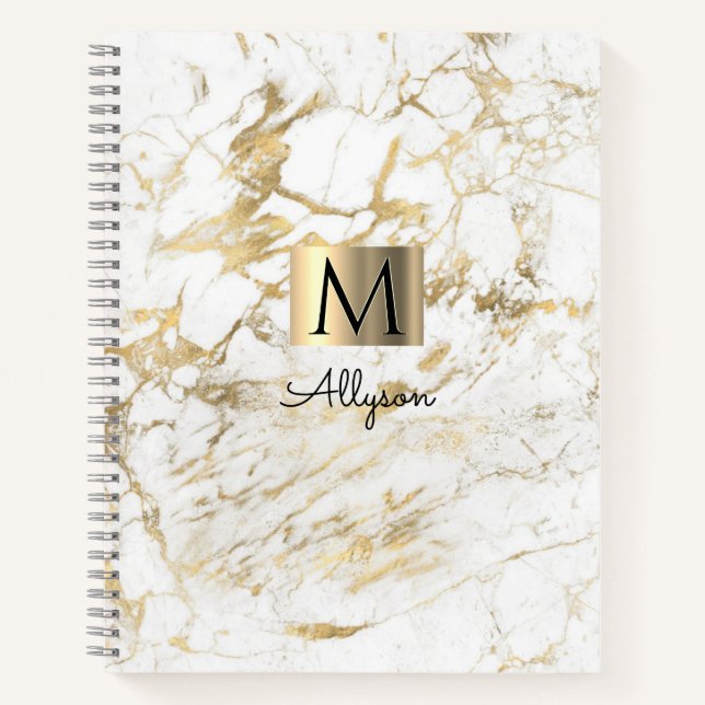 White & Gold Marble, Gold Box, Name & Monogram Notebook (Front)