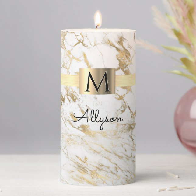 White & Gold Marble, Gold Box, Name & Monogram Pillar Candle (In Situ)
