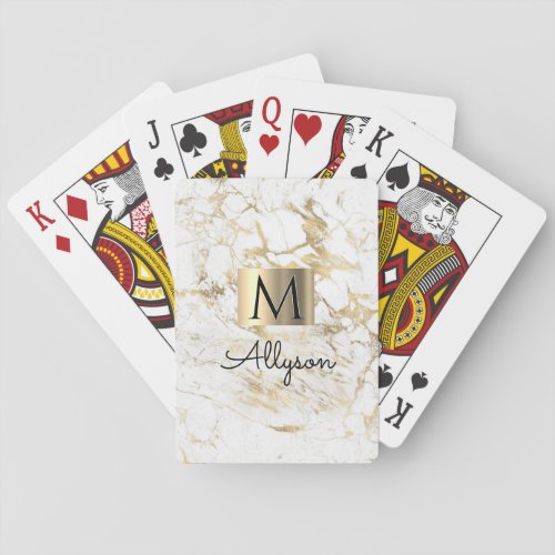 White  Gold Marble Gold Box Name  Monogram Playing Cards