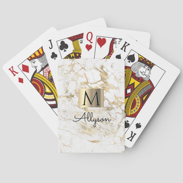White & Gold Marble, Gold Box, Name & Monogram Poker Cards (Back)
