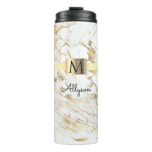 White & Gold Marble, Gold Box, Name & Monogram Thermal Tumbler
